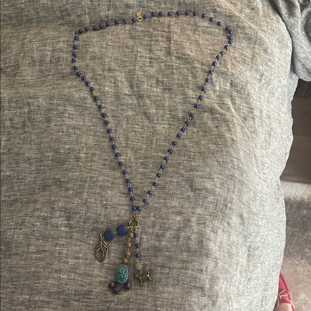 Charming Blue Beaded Necklace with Leaf and Elephant Charms
